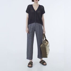 PESERICO Tailored 100% Linen Wide Leg Pleated Cuffed Trousers